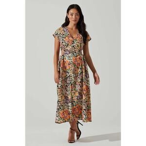 ASTR THE LABEL Miranda Dress in Orange Black Floral Midi Size: M - NWT